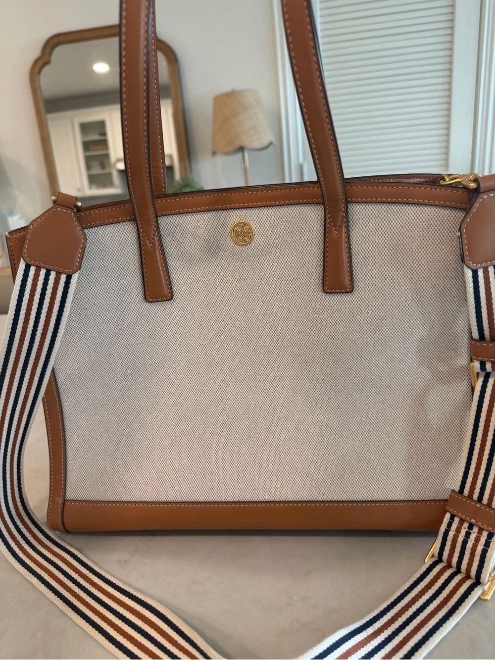 Tory Burch Neutral Canvas Tote with Tan Leather Trim and Striped Strap